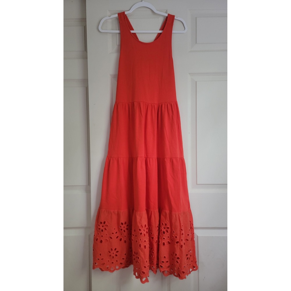 J.Crew 100% Cotton Orange Tiered Eyelet Cross Back Midi Dress Sleeveless Small - Picture 9 of 10